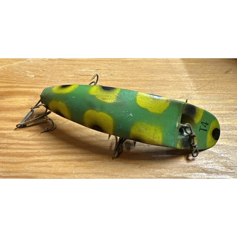Wooden Helin Flatfish LU Fishing Lure 3.5" RARE FROG COLOR 4 Hooks Vtg T4